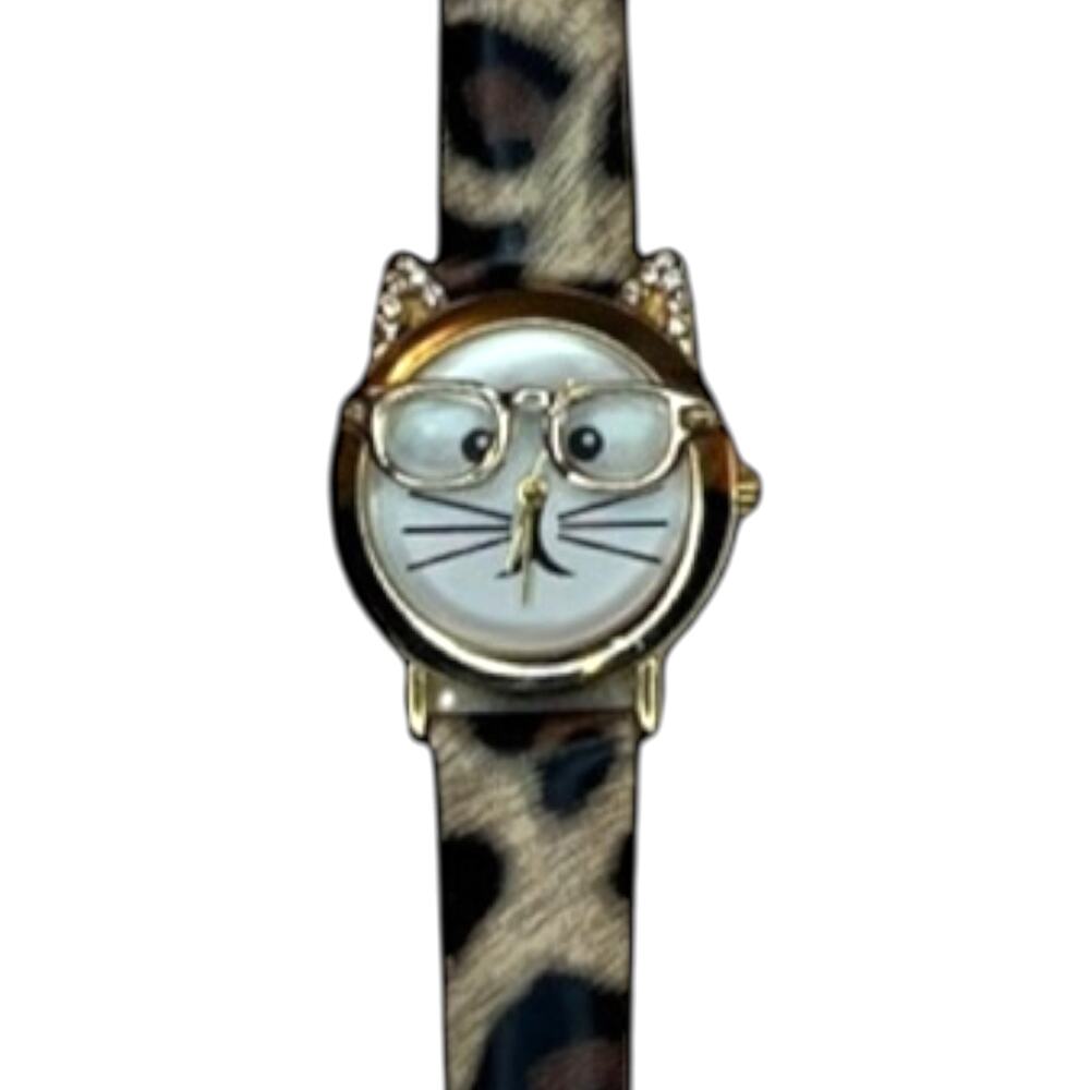 Cat Face Leopard Print Watch With Glasses Dial Kitsch Catlady Librarycore